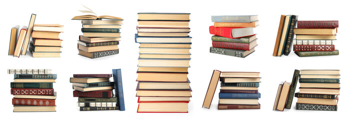 Collection of different hardcover books on white background. Banner design