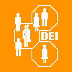 Concept of DEI - Diversity, Equality, Inclusion. Illustration of people and abbreviation on orange...