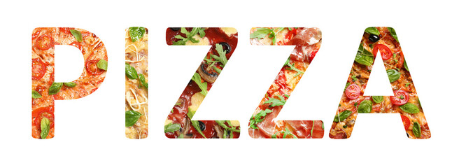 Different tasty pizzas in shape of letters forming word on white background. Banner design