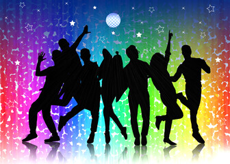 Obraz na płótnie Canvas Silhouettes of people dancing on colorful background. Illustration