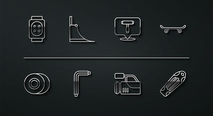 Set line Knee pads, Skateboard wheel, Cinema camera, Tool allen keys, park, deck and tool icon. Vector