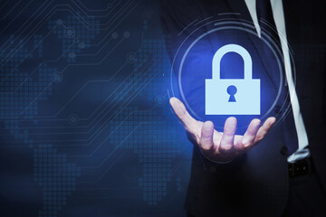 Cyber security concept. Man holding virtual icon of padlock on dark background, closeup