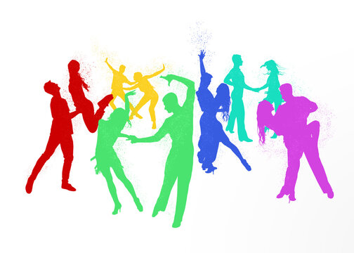 Colorful silhouettes of people dancing on white background. Illustration