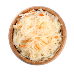 Bowl of tasty sauerkraut with carrot on white background, top view