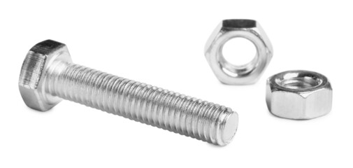 Metal bolt with hex nuts on white background - obrazy, fototapety, plakaty