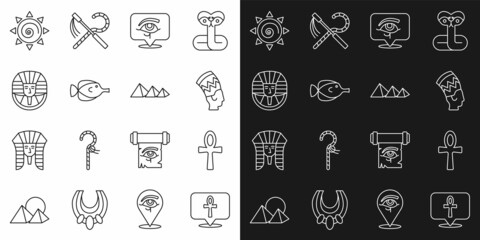 Set line Cross ankh, Nefertiti, Eye of Horus, Butterfly fish, Egyptian pharaoh, Sun and pyramids icon. Vector