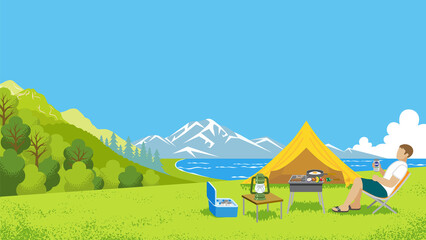 Young man enjoying camp in summer nature