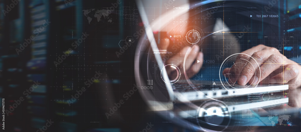 Poster data science, digital technology, internet global network, big data concept. computer programmer wor