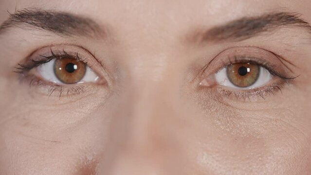 b roll details face caucasian woman with brown eyes long eyelashes looking camera