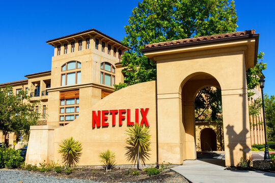 Netflix logo is seen at the main entrance to the Netflix headquarters in Silicon Valley - Los Gatos, California, USA - 2022