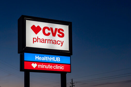 
Pearland, Texas, USA - March 3, 2022: A CVS Pharmacy store sign at night is shown in Houston, Texas, USA. CVS Pharmacy  is an American retail corporation. 