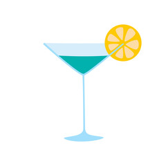 Cocktail with a slice of lemon. Fresh alcohol party, beach, pub, restoraunt or club element, isolated on white background. Flat vector cartoon illustration, clipart.