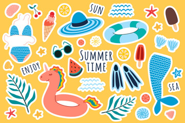 Summer beach holidays set. Sunglasses, bathing suits, unicon swimming pool ring, diving flippers, fruits and ice cream in flat style isolated on white background. Vector illustration, clipart, cartoon