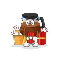 coffee machine holding dynamite character. cartoon mascot vector