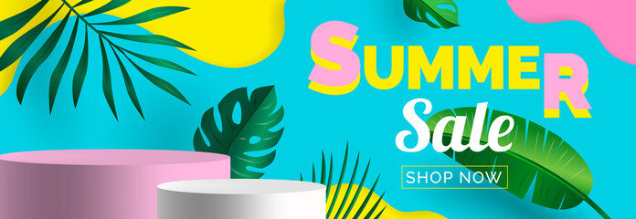 summer sale creative banner design with tropical leaves and podiums product display presentation  vector illustration - obrazy, fototapety, plakaty