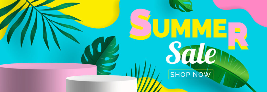 summer sale creative banner design with tropical leaves and podiums product display presentation  vector illustration