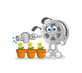 film reel watering the flowers mascot. cartoon vector