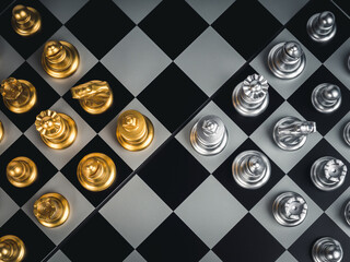 Top view of set of golden and silver chess pieces element, king, queen rook, bishop, knight, pawn standing on chessboard, close-up. Competition, game, war, emulation and planning concept.