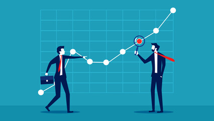 businessman uses a magnifying glass to analyze a chart. vector illustration. business concept