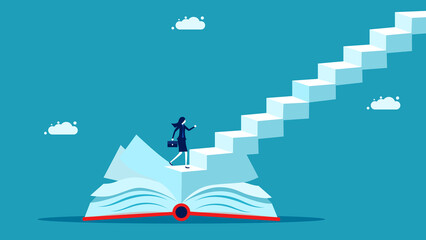 Invest in knowledge. Knowledge creates success. businesswoman on a book with stairs. business concept