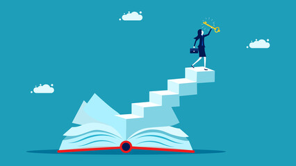 Fototapeta na wymiar Invest in knowledge. Knowledge creates success. businesswoman on a book with stairs. vector