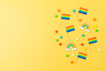Rainbow flags decoration for LGBTQ pride month concept. June summer background