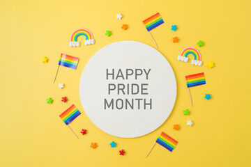 Happy pride month banner design with rainbow flags decoration on bright background