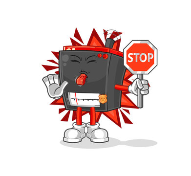 radio holding stop sign. cartoon mascot vector