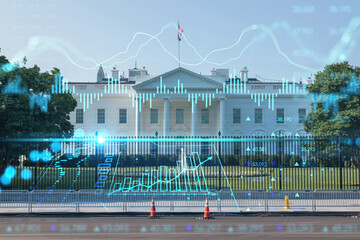 Fototapeta na wymiar White House on sunny day, Washington DC, USA. Executive branch. President administration. Forex graph hologram. The concept of internet trading, brokerage and fundamental analysis