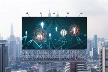World planet Earth map hologram and social media icons on billboard over panorama city view of...