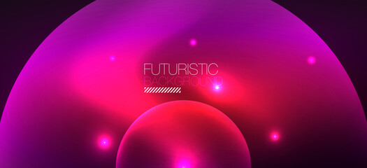 Abstract background with neon glowing light effects. Round shapes, triangles and circles. Wallpaper for concept of AI technology, blockchain, communication, 5G, science, business and technology