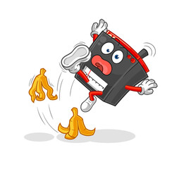 radio slipped on banana. cartoon mascot vector