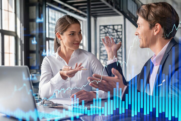 Businessman and businesswoman in formal wear working together to optimize trading strategy at...
