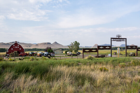 Wilson Rio Grande Ranch Headquarters entrance in Littleton, Colorado, USA. The fence with a traditional pattern encircles the yard