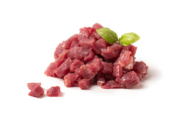 Diced pork or beef meat. Animal feed. Fresh meat for cooking.