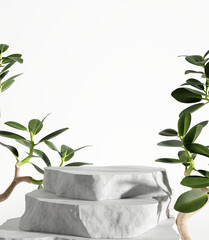 Stone product display podium with nature leaves and branch on white background. 3D rendering	 - obrazy, fototapety, plakaty