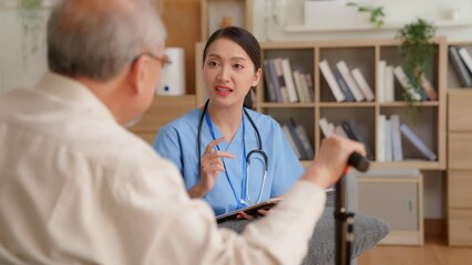 Elderly care nurses understand elderly male patients in nurseries. female doctor asks a question Talk to an adult patient good emotionally, having fun, relaxing, helping and treatment schedule - Powered by Adobe