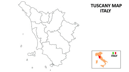 Tuscany Map. State and district map of Tuscany. Political map of Tuscany with outline and black and white design.