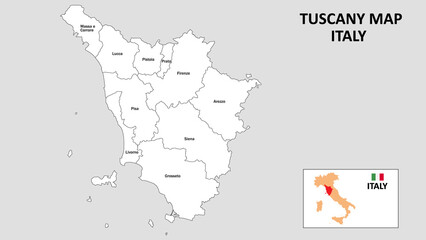 Tuscany Map. State and district map of Tuscany. Administrative map of Tuscany with district and capital in white color.