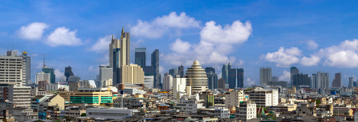 Panorama aerial view of downtown urban area of Bangkok with blue sky for cityscape and development
