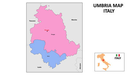Umbria Map. State and district map of Umbria. Political map of Umbria with neighboring countries and borders.