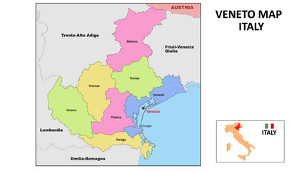 Veneto Map. State and district map of Veneto. Political map of Veneto with neighboring countries and borders.