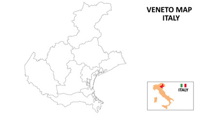 Veneto Map. State and district map of Veneto. Political map of Veneto with outline and black and white design.