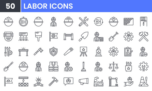Labor Day vector line icon set. Contains linear outline icons like Helmet, Screwdriver, Worker, Vest, Flag, Crane, Brick, Roller, Gear, Construction, Builder, Factory, Hardhat. Editable use and stroke