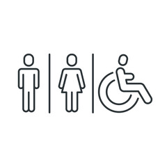 Male, female, handicap toilet sign icon. WC, unisex bathroom concept. Vector illustration isolated on white background. EPS 10.