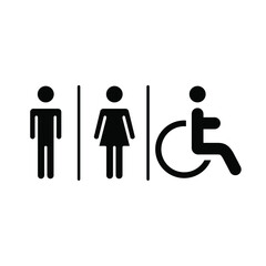 Male, female, handicap toilet sign icon. WC, unisex bathroom concept. Vector illustration isolated on white background. EPS 10.