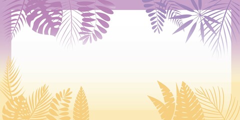 Summer Bach sunset concept graphic background.  summer background frame decoration with sunset gradation and tropical leaves. Vector illustration.