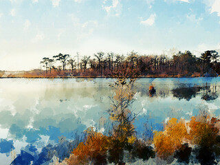 Digital painting of blue lake with pine forest and blue sky background