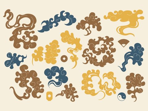Japanese clouds. Oriental asian pattern with chinese ancient wave, art sky texture curly eastern style. Traditional chinese cloudscape isolated design elements. Vector night background