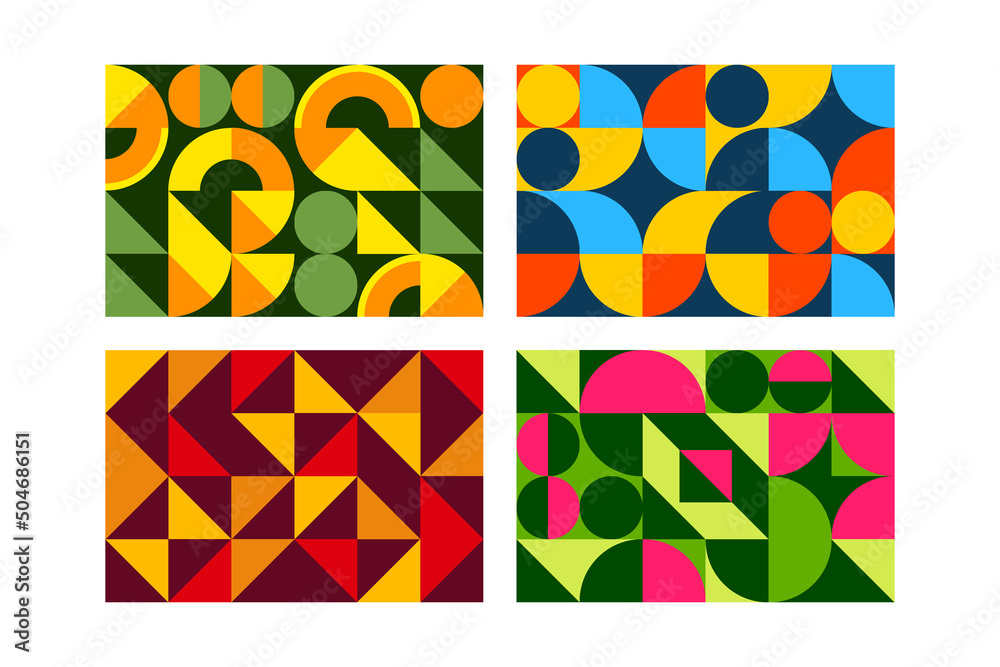 Poster Abstract geometric pattern. Background with modern color shapes, graphic squares, circles and triangles, posters in scandinavian style. Bright horizontal minimal backdrop vector banner template